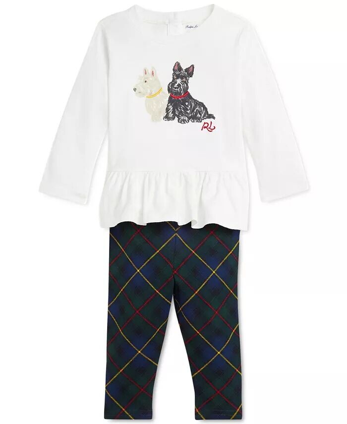 

Комплект детского топа с баской и леггинсов с принтом Polo Ralph Lauren, белый