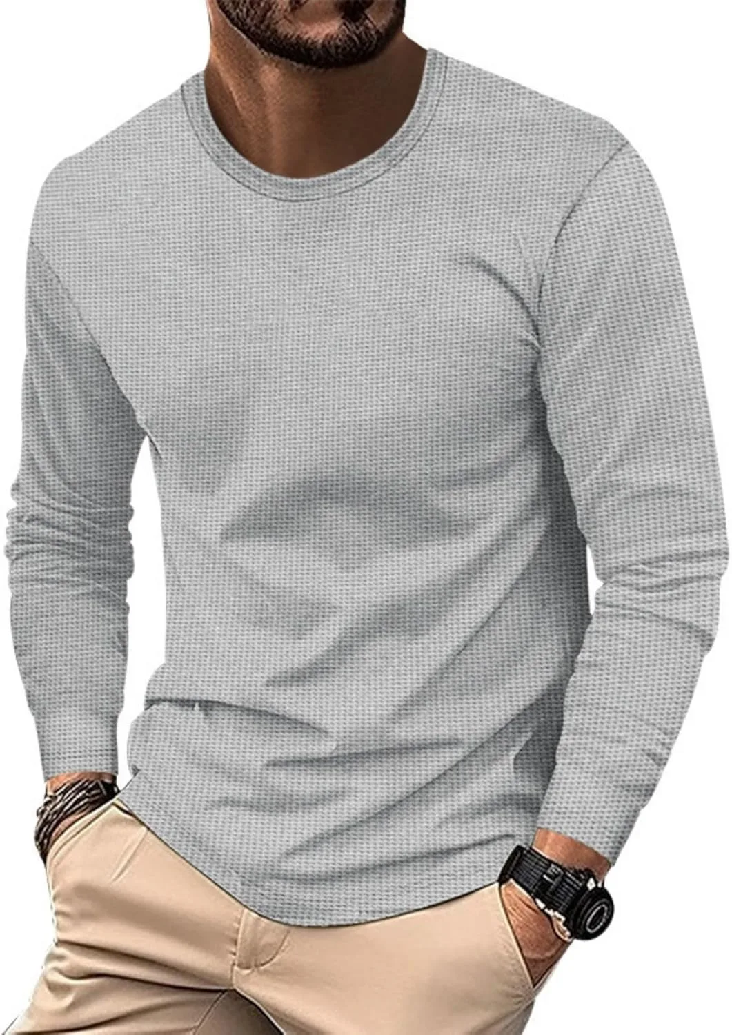 

Мужская футболка с длинным рукавом Oversized Crew Neck Waffle Knit QUNPIU