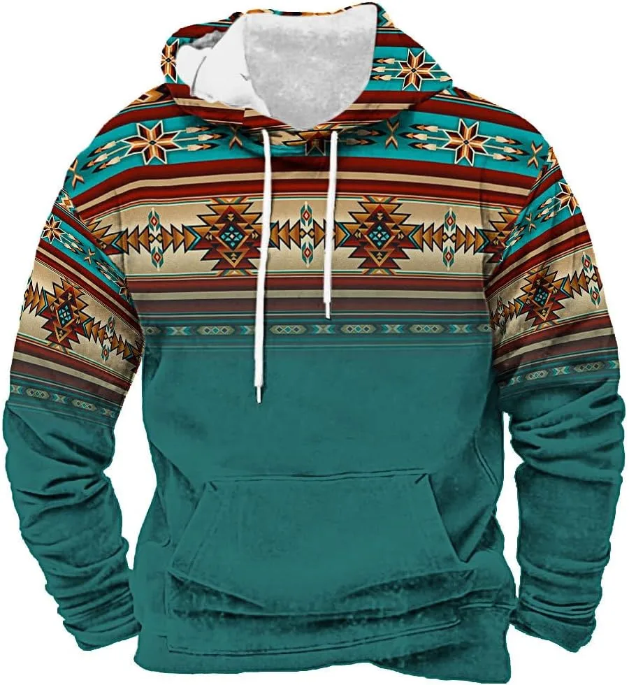 

Толстовка с капюшоном Angbater Fashion для мужчин в винтажном этническом стиле с геометрическим принтом и карманом