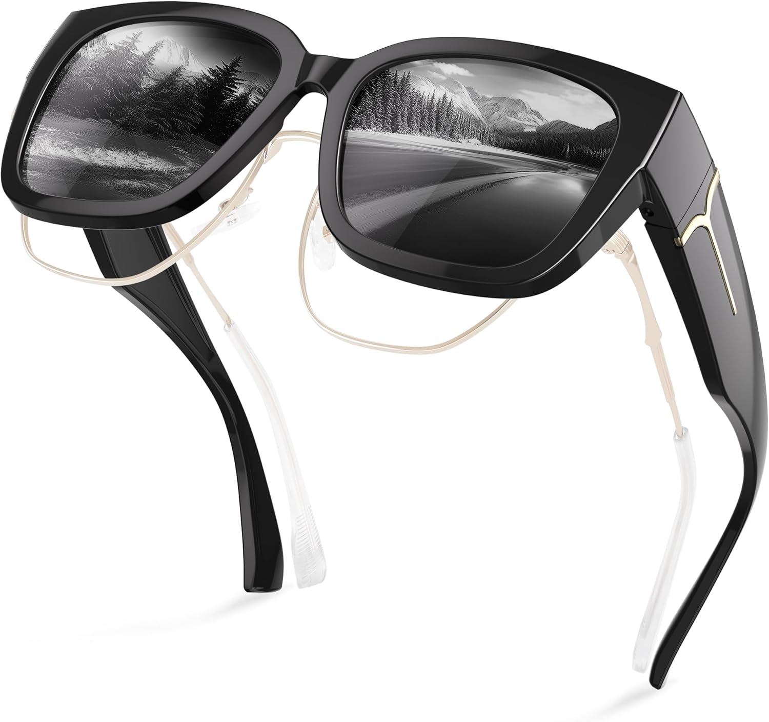 

Женские солнцезащитные очки поверх обычных очков - поляризованные солнцезащитные очки большого размера с обтекаемой формой для защиты от ультрафиолета во время вождения kunqun, Black-c3