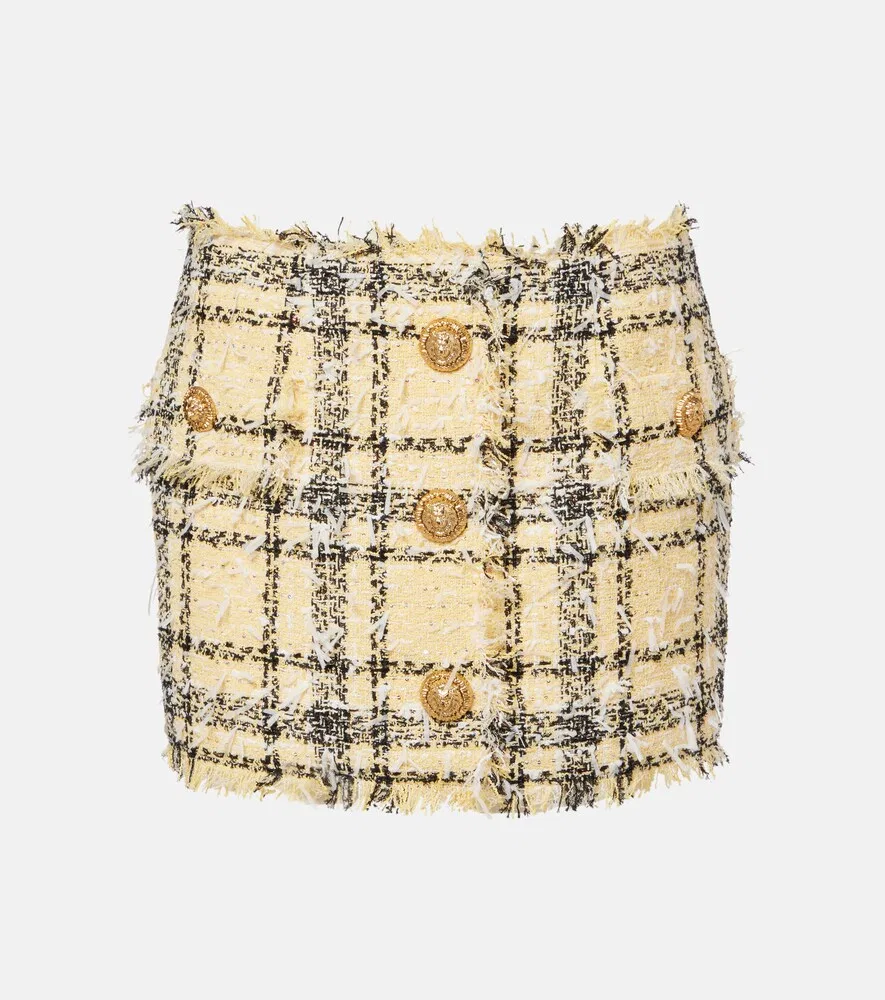 Мини-юбка из хлопкового твида, расшитая пайетками Balmain, желтый