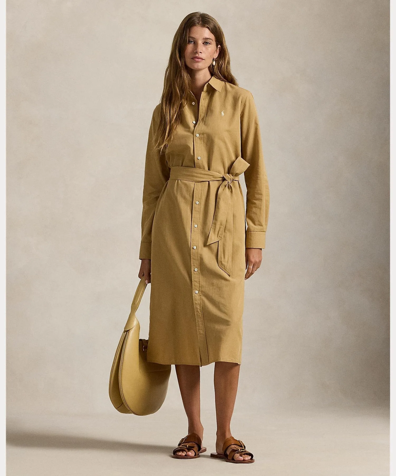 Платье-рубашка из хлопка и льна с поясом Polo Ralph Lauren, 260 Brown