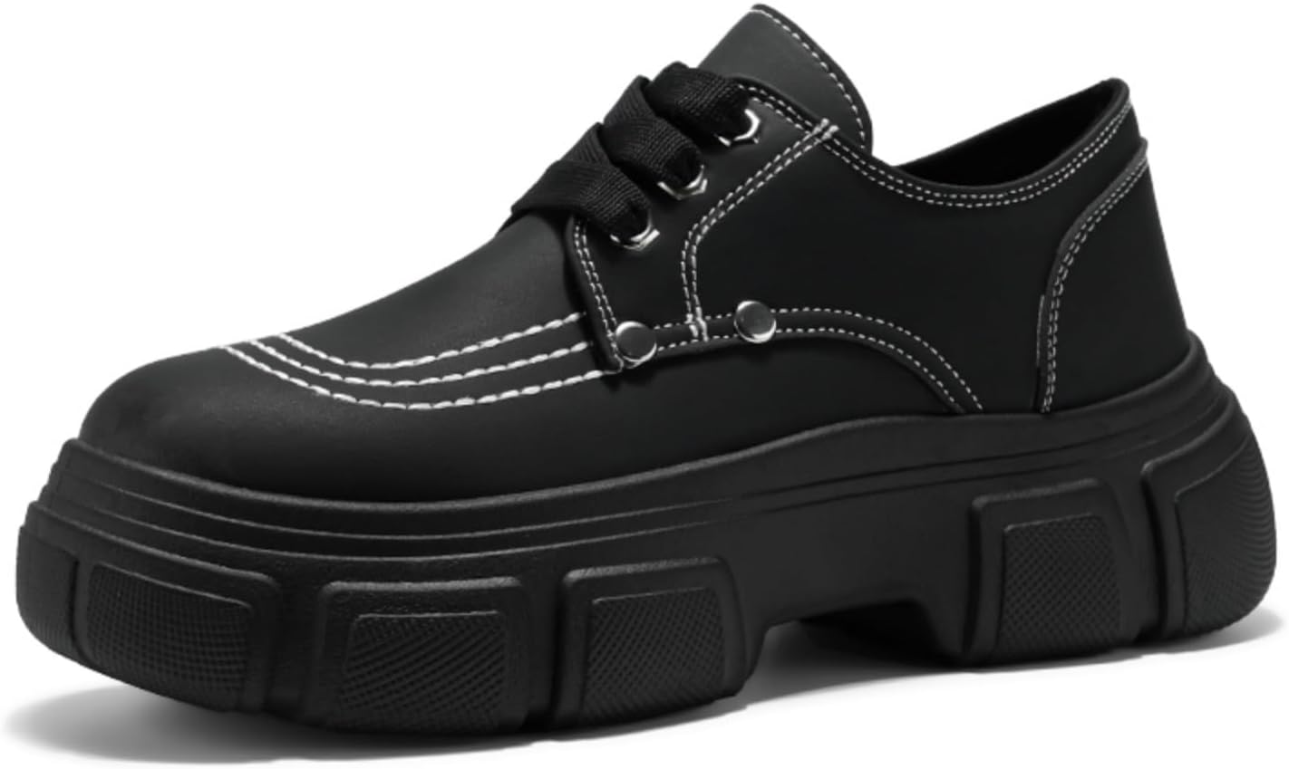 

Мужские кроссовки Oxford с массивной подошвой - повседневные кожаные туфли на шнуровке с круглым носком и декоративной строчкой, толстая платформа, нескользящая резиновая подошва для ежедневного уличного стиля Kelibasi, белый/черный