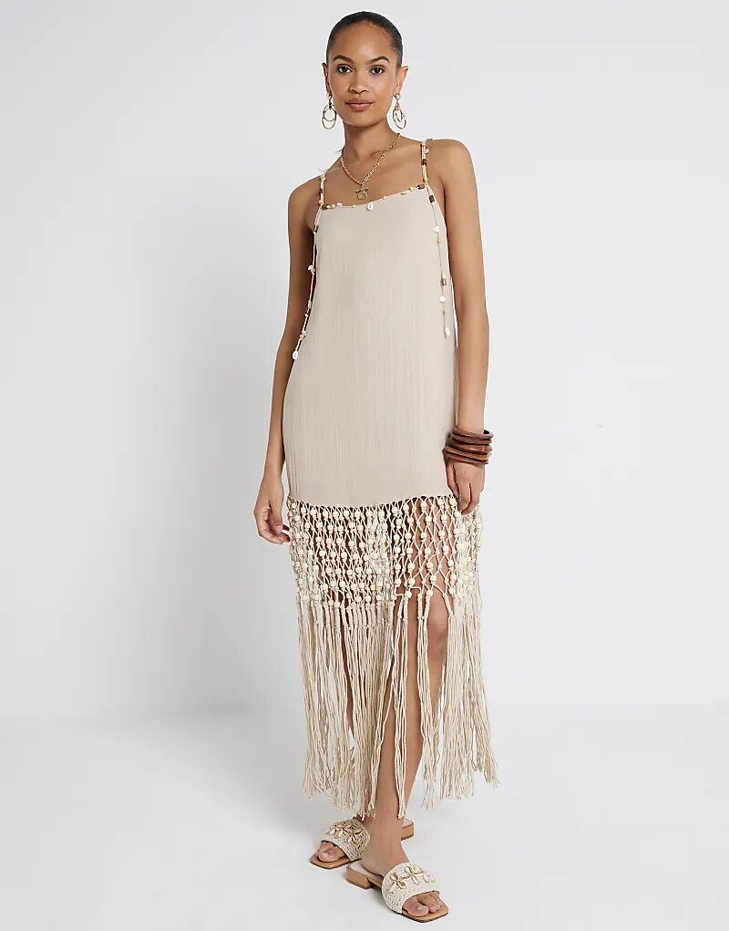 

Пляжное платье с кисточками в технике макраме кремового цвета River Island