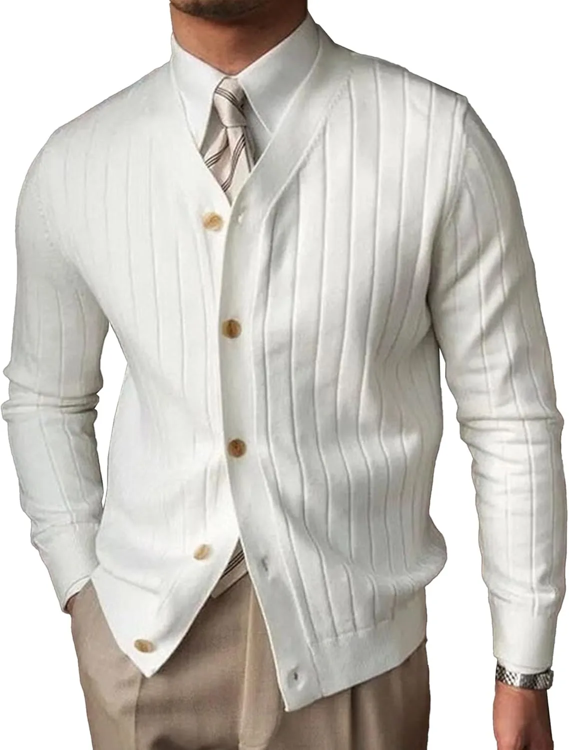 

Мужской вязаный кардиган с V-образным вырезом и пуговицами JEKE-DG