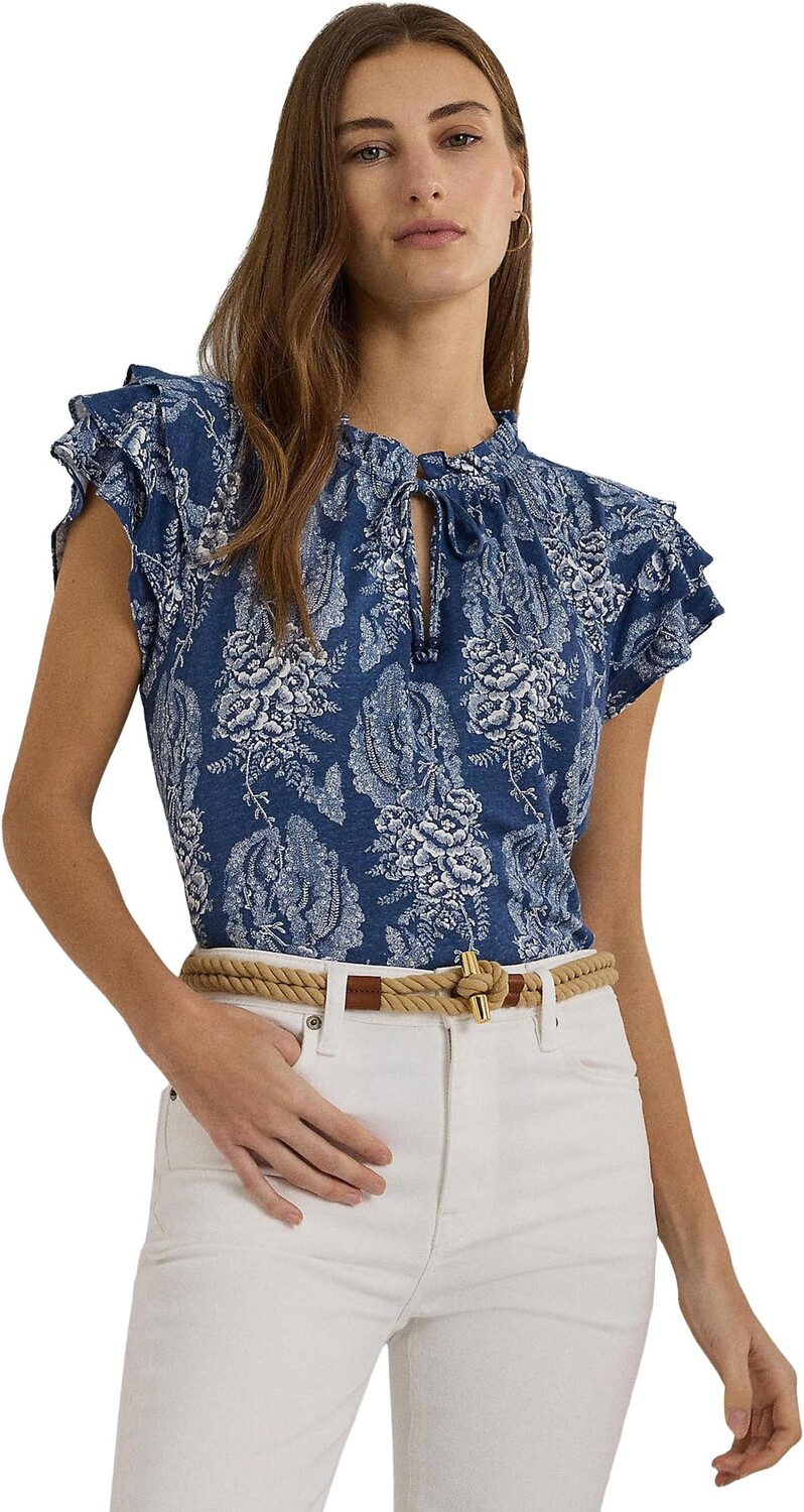 

Топ LAUREN Ralph Lauren Petite Floral Linen-Blend Jersey Tie-Neck Top, цвет Blue/Cream
