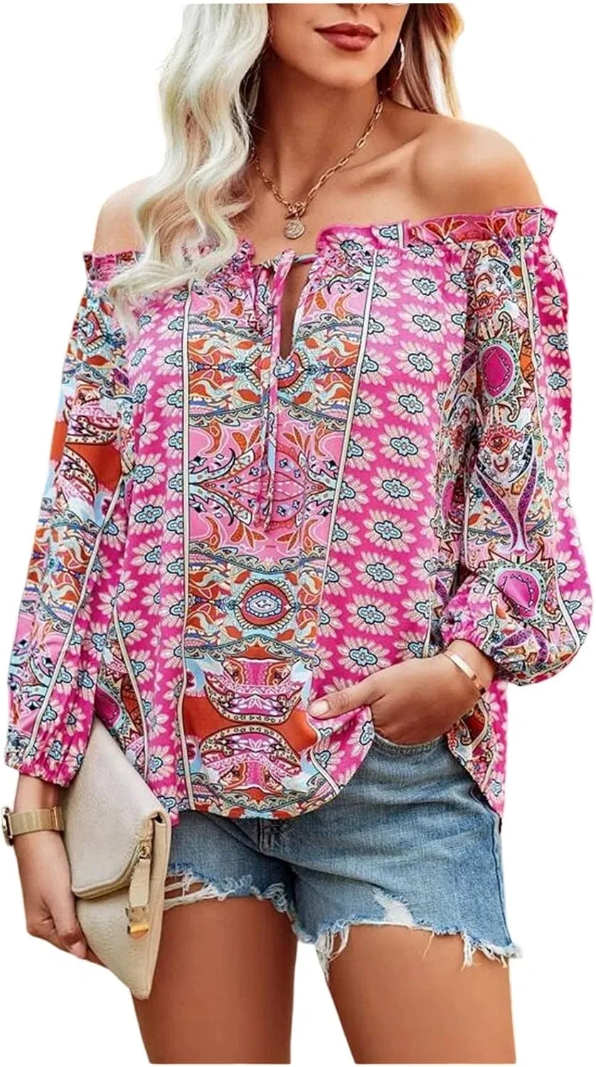 Блуза с цветочным принтом, off shoulder, QREXVOG, розовый