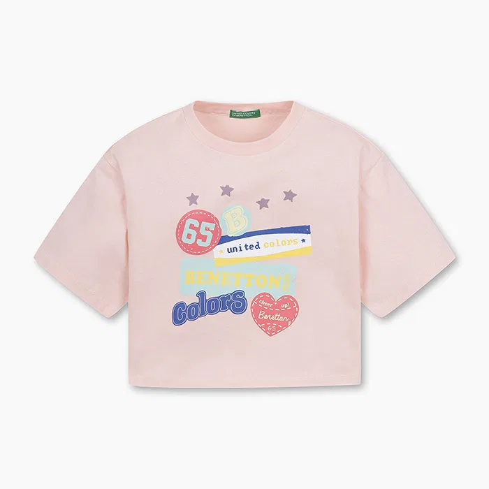 Детская укороченная футболка с графическим принтом розового цвета от Benetton Kids