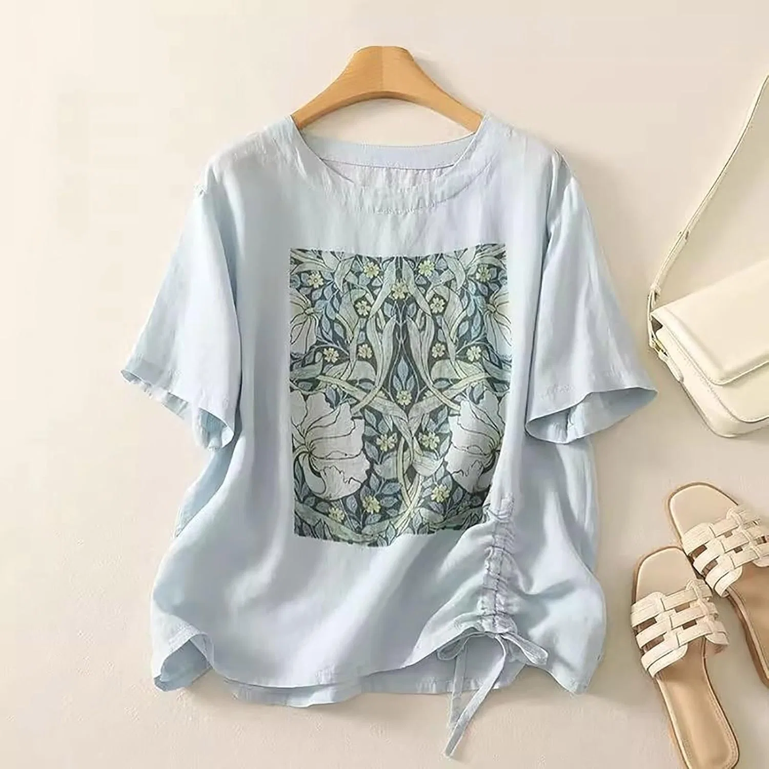 Футболка, хлопок и лен, женская, Oversize, светло-синий — фото 3