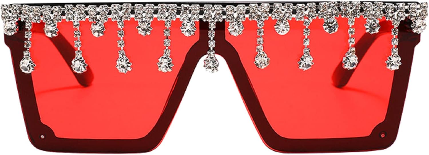 

Крупные квадратные солнцезащитные очки с блестками и стразами для женщин и мужчин, с плоской верхней частью, модные солнцезащитные очки с бриллиантовой кисточкой и сверкающими элементами mincl, Red