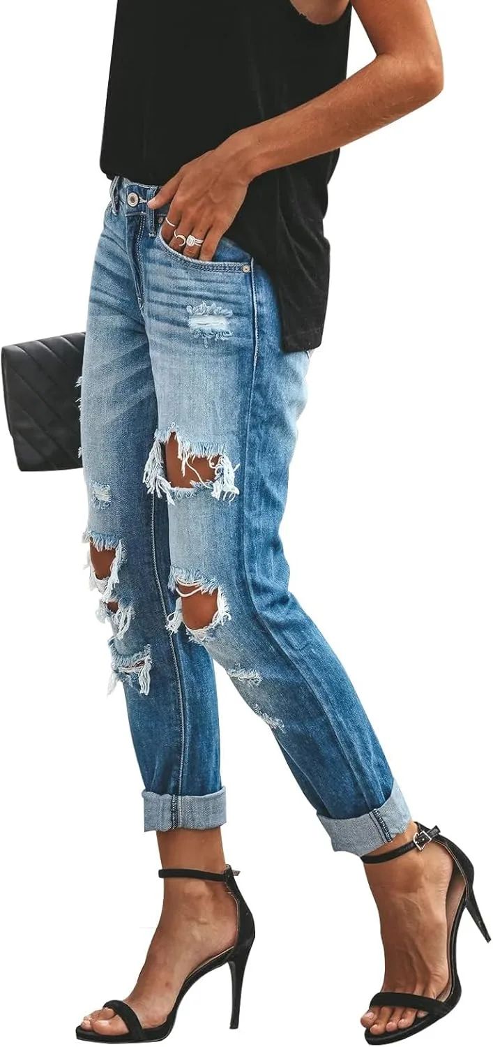 Женские джинсы Boyfriend Stretch High Waisted Ripped Distressed — фото 4
