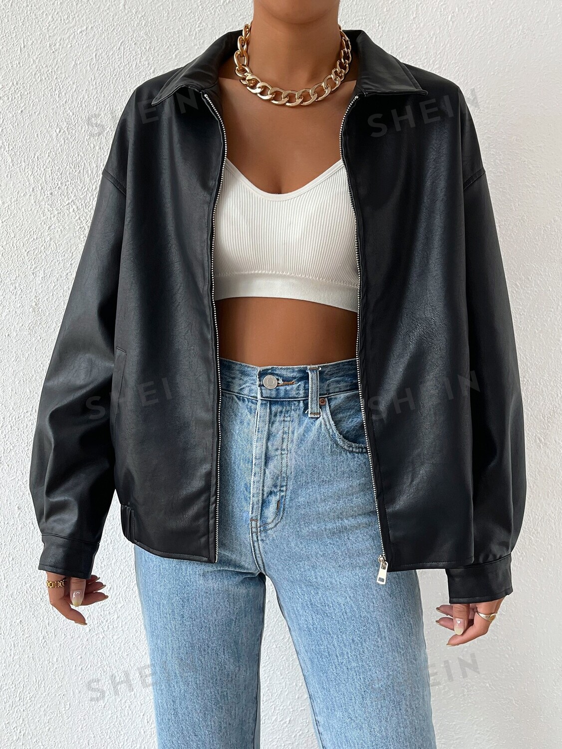 

EZwear Укороченная кожаная куртка из искусственной кожи, молния на плечах Shein, черный