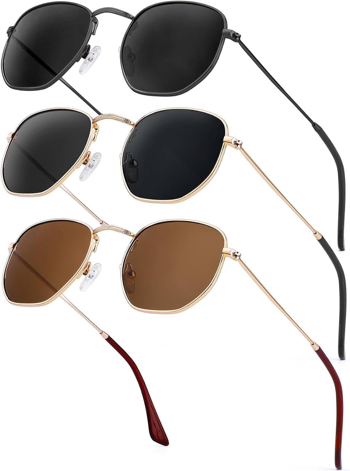 

Солнцезащитные очки KALIYADI для женщин и мужчин, поляризованные, квадратная форма, защита от УФ-излучения, модная шестиугольная металлическая оправа, C2 (3 Pack) Black/Grey + Gold/Grey + Gold/Brown (Hexagonal)