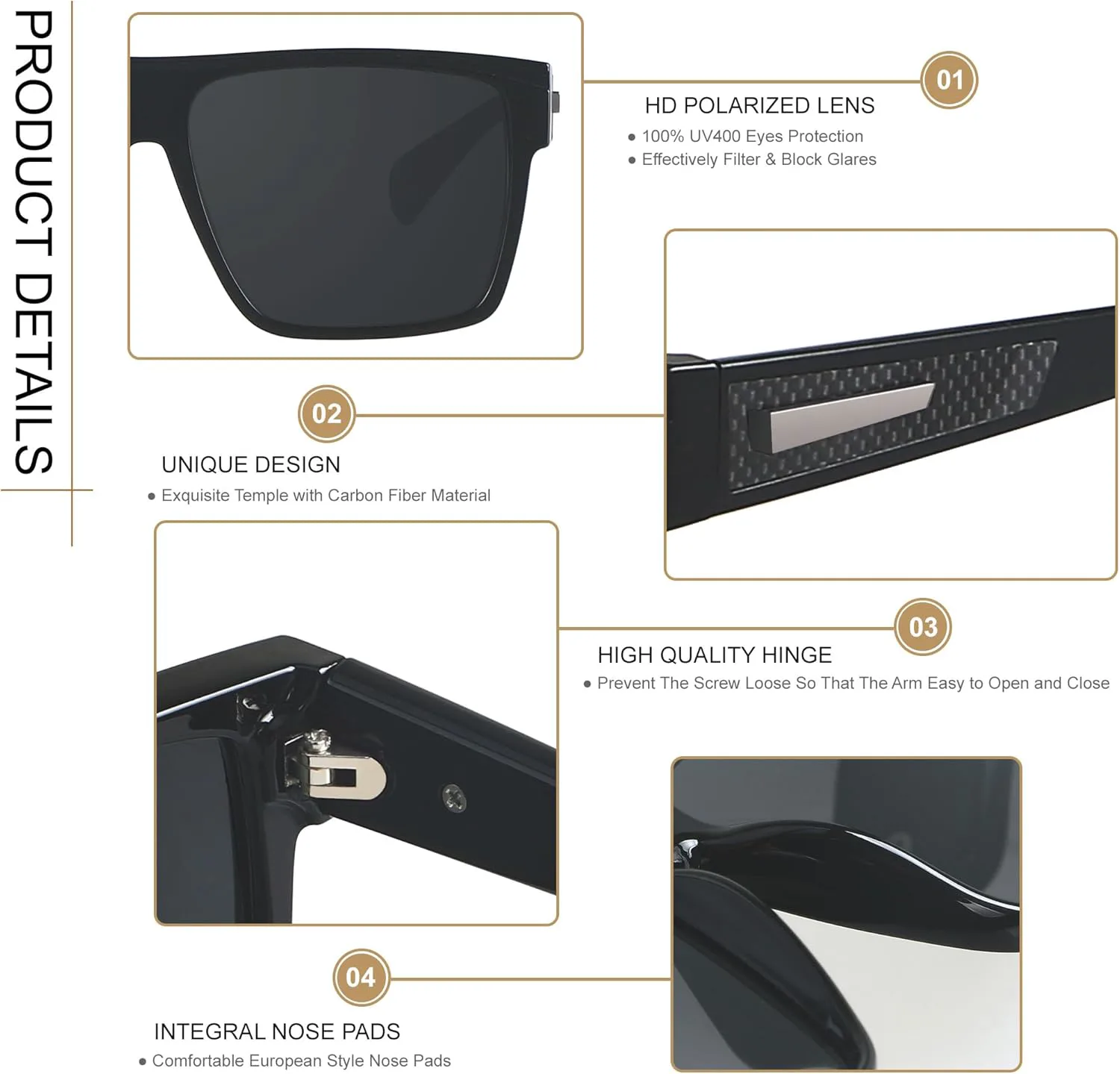 

ANDWOOD квадратные поляризационные солнцезащитные очки (2 шт: матовый черный, зеркальный синий), УФ-защита, увеличенный размер, плоская верхняя часть, унисекс