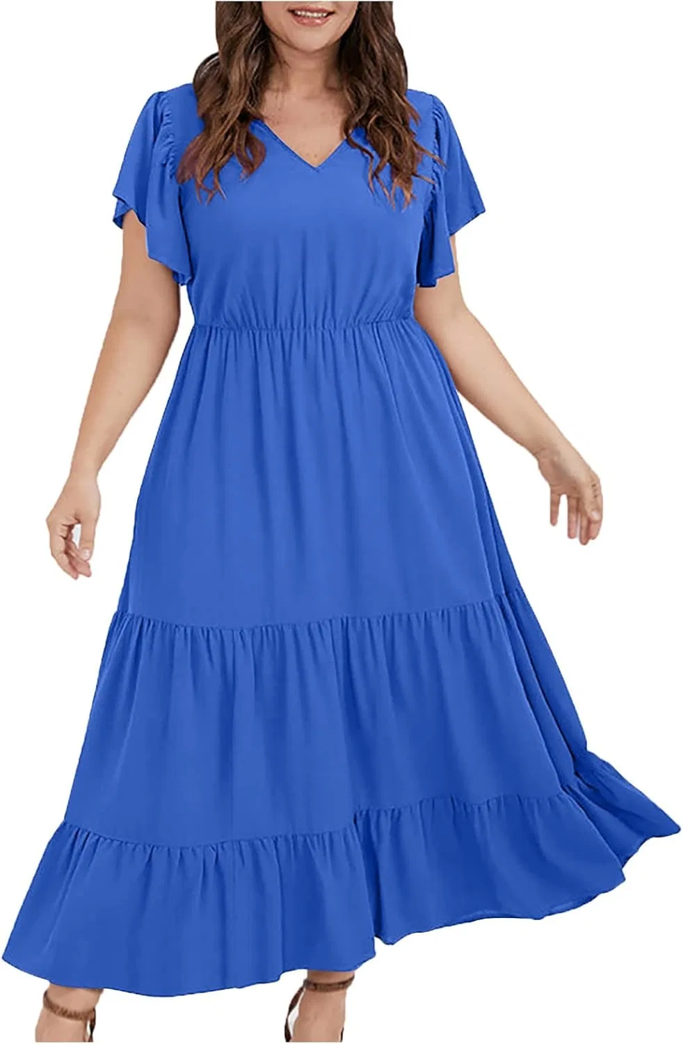 Платье для женщин Plus Size повседневное бохо с V-образным вырезом, летнее платье с рукавами-фонариками, макси-платье струящееся для пляжа Generic, синий