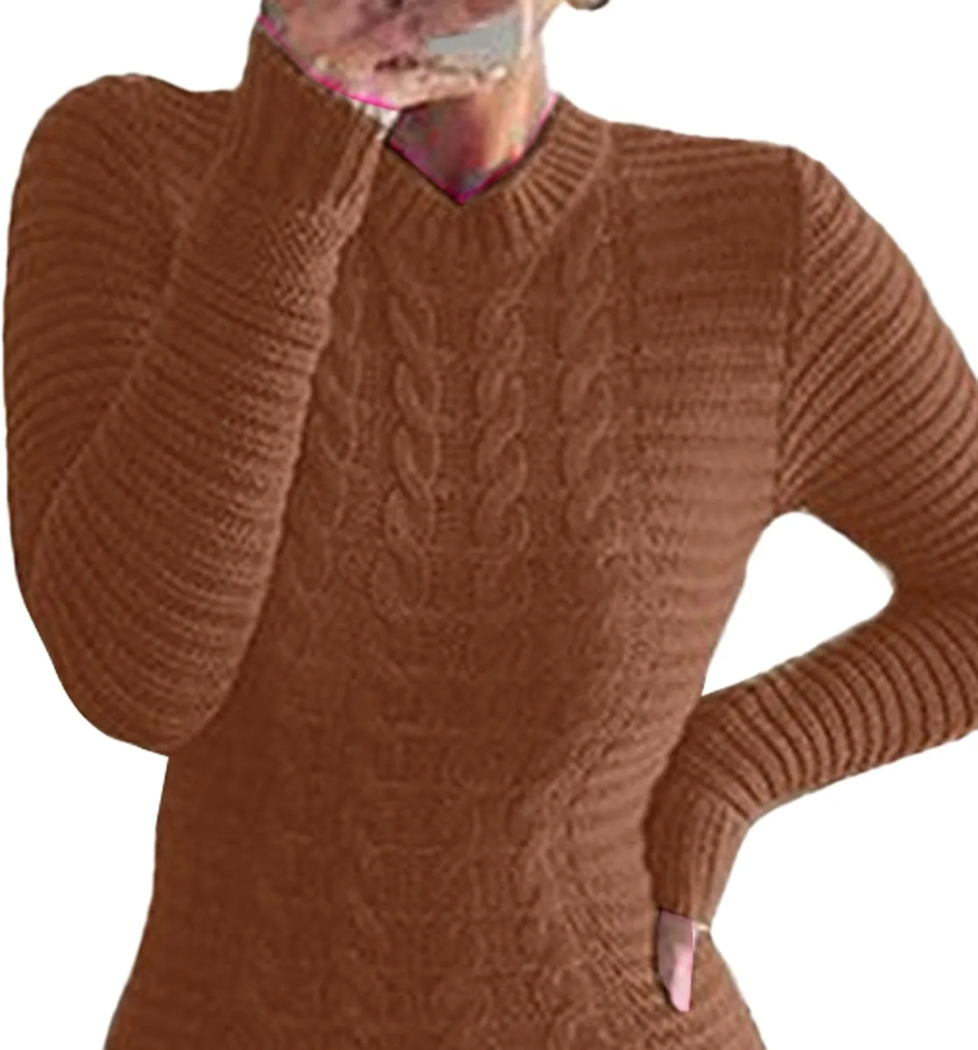 Платье-свитер для женщин Bodycon с длинным рукавом, вязаное резинкой, макси, приталенное Generic, коричневый — фото 3