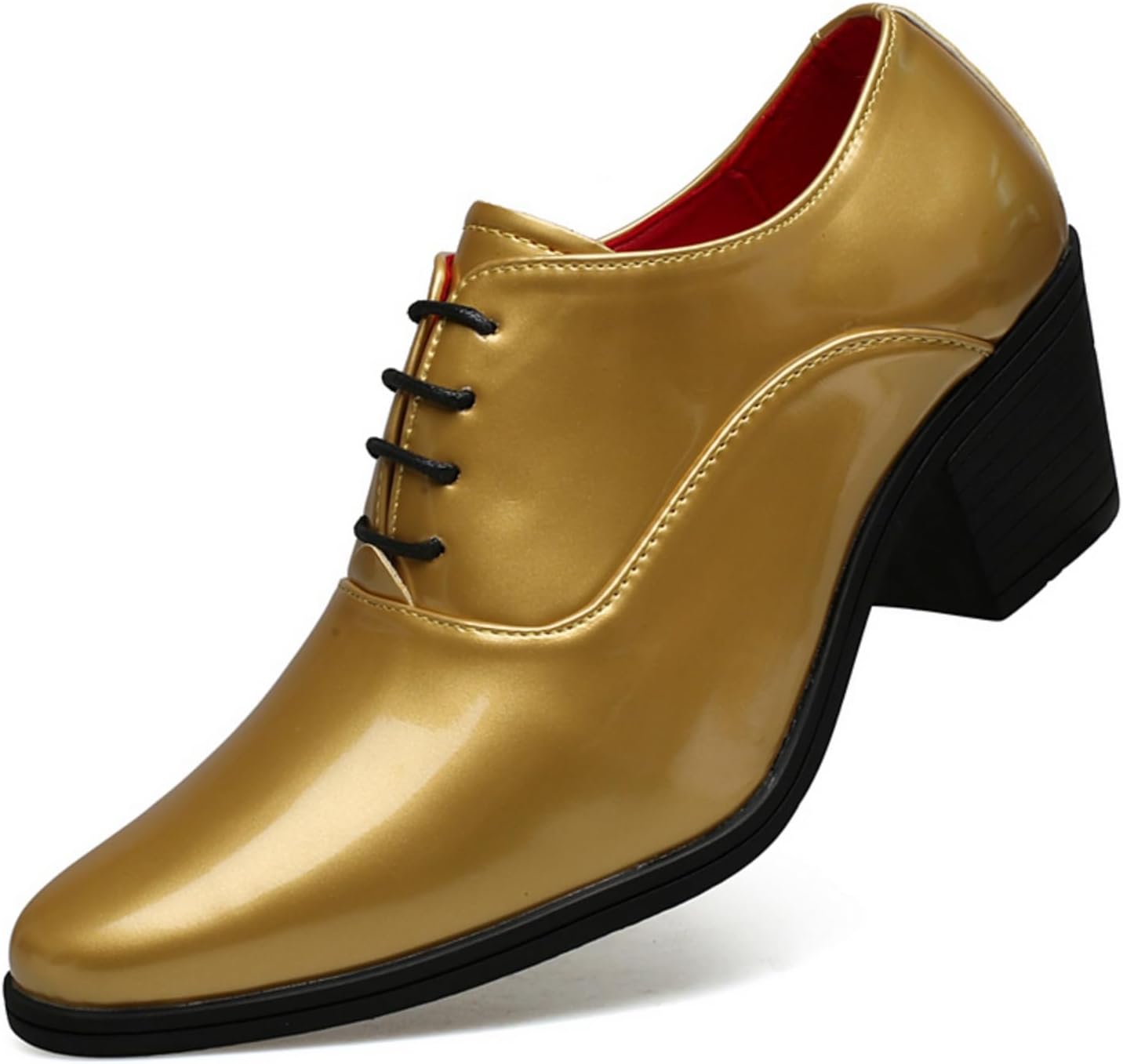 

Мужские блестящие оксфорды из лаковой кожи - заостренный носок, шнуровка, массивный каблук и красная подкладка для деловых встреч, свадеб, выпускных и официальных мероприятий Kelibasi