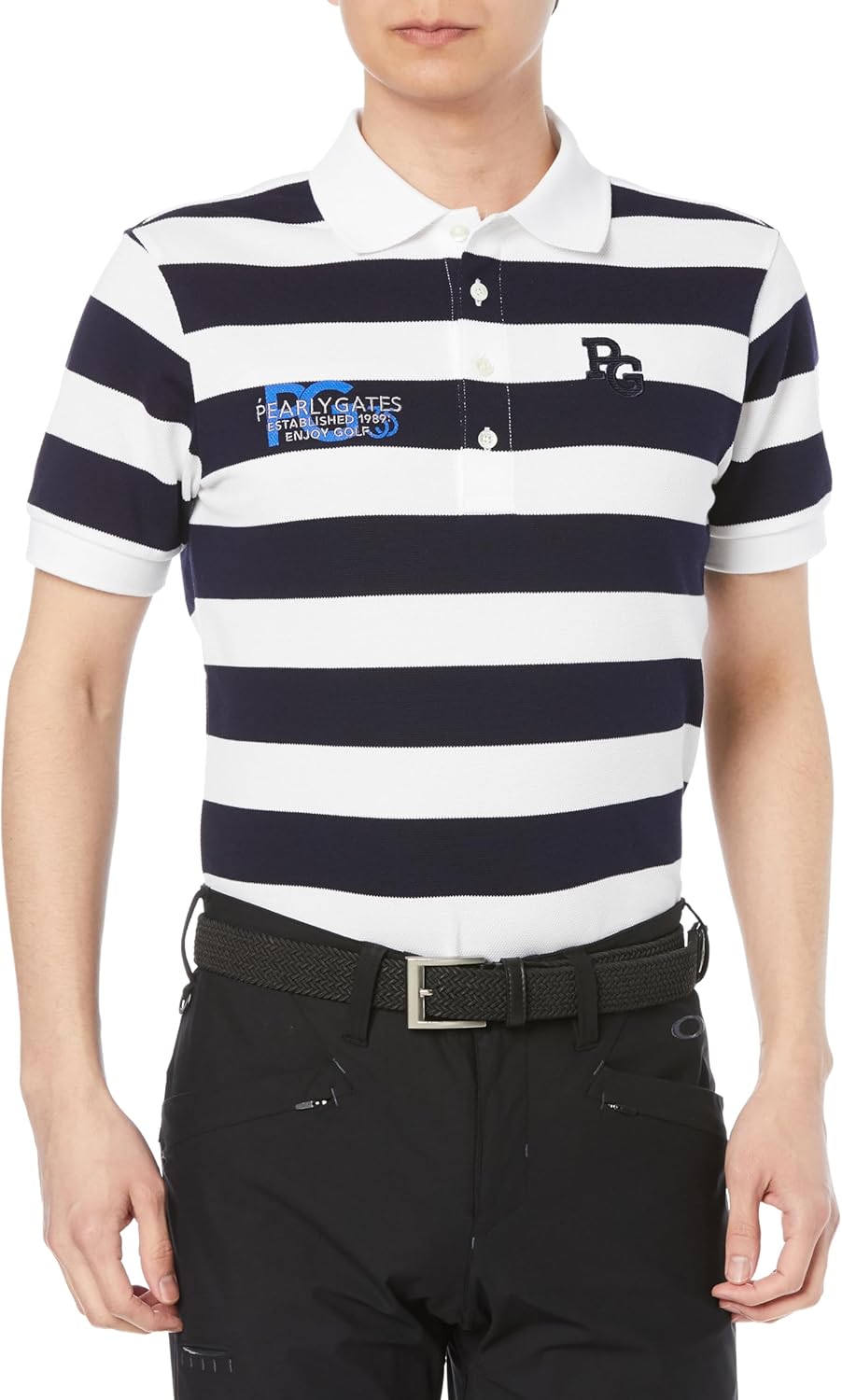 

Мужская рубашка-поло с коротким рукавом PEARLY GATES (серия к 35-летию, полосатый узор) / для гольфа / 053-4160203, белый/синий