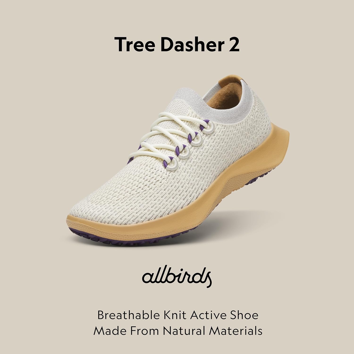 Мужские кроссовки Allbirds Tree Dasher 2 для активного бега и ходьбы, бежевый/кремовый — фото 2