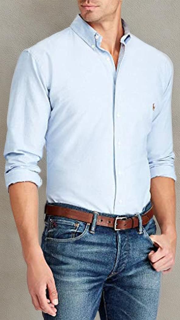 POLO RALPH LAUREN Мужская классическая клетчатая оксфордская рабочая рубашка с длинным рукавом, Light Blue — фото 2