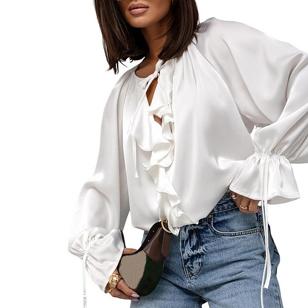 

Женская блузка с v-образным вырезом, бантом и рюшами на рукавах Prettypetal, White