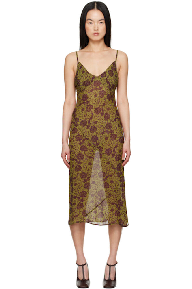 

Платье-миди с принтом цвета хаки и бордового цвета Dries Van Noten