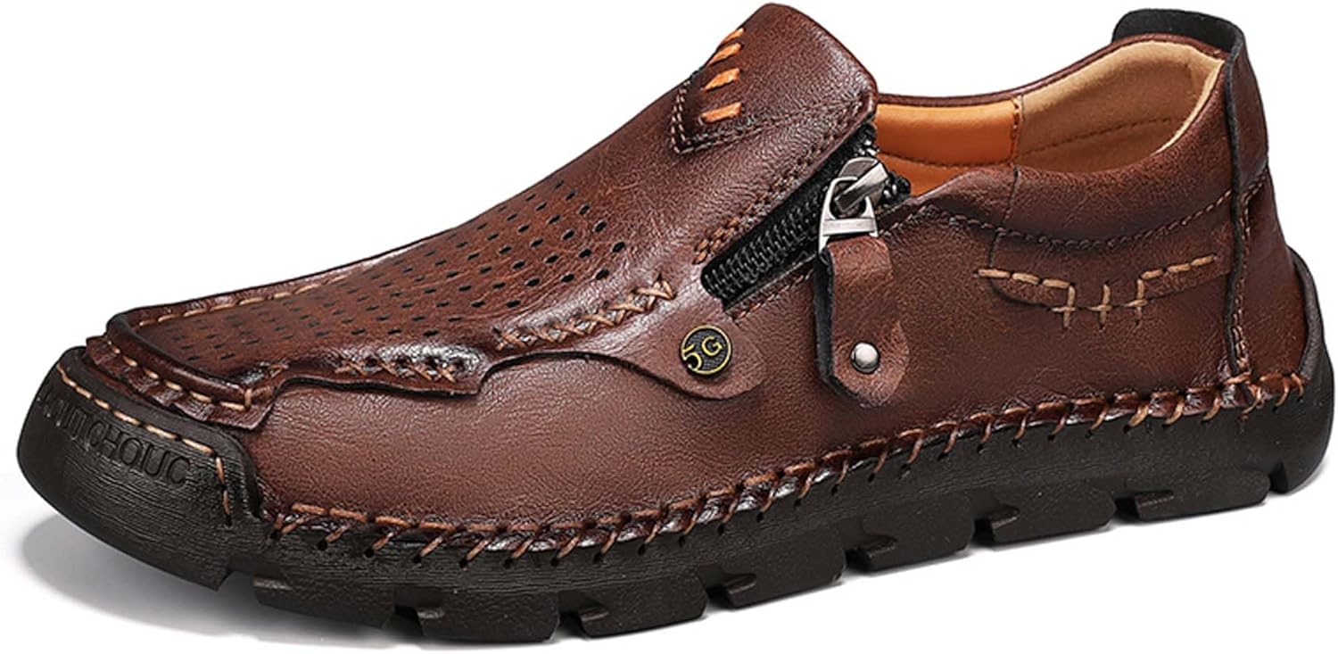 

Мужские кожаные повседневные кроссовки, молния, перфорированный верх, комфортные, мягкие, дышащие, ручная прошивка подошвы, прочные, стильные, для повседневной носки, отдыха и досуга, легкая физическая активность Vtiao, коричневый