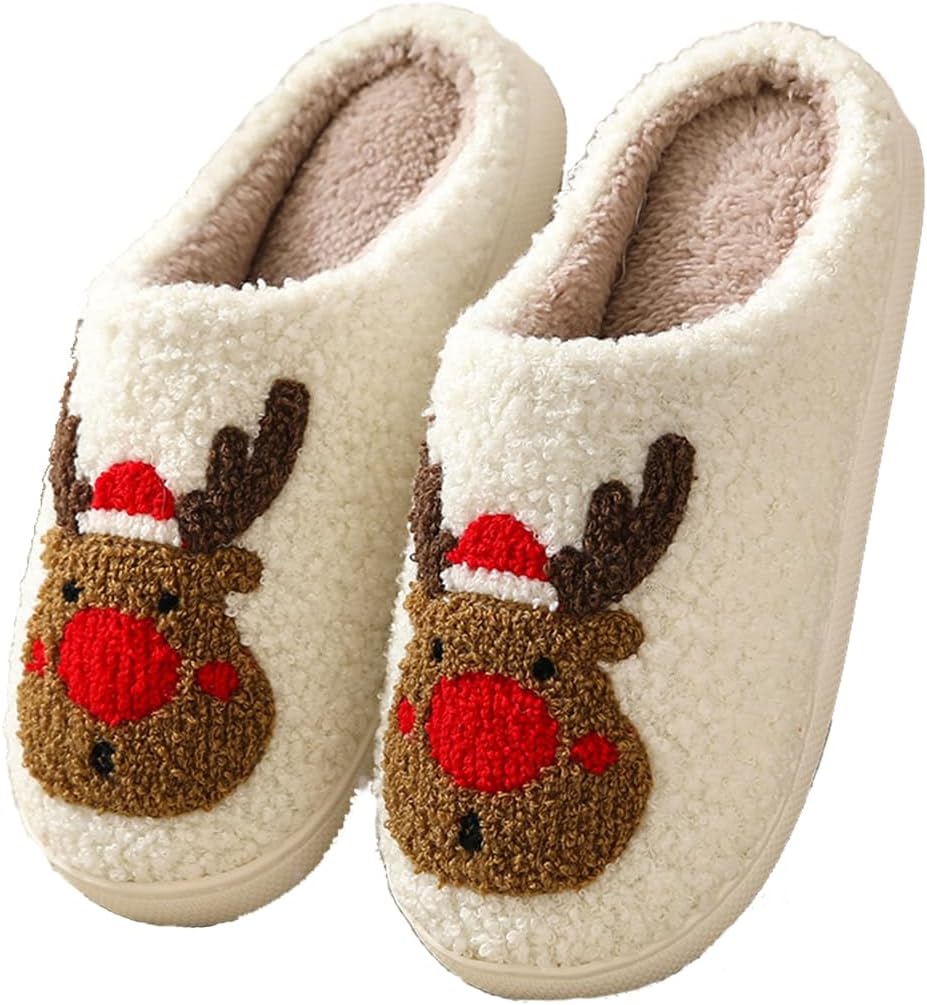 

Унисекс рождественские тапочки с оленем Санты, милые клубничные, с мультяшной рождественской елкой, розовым бантом, с памятью формы, мягкие плюшевые домашние тапочки для дома и улицы Ogfctese