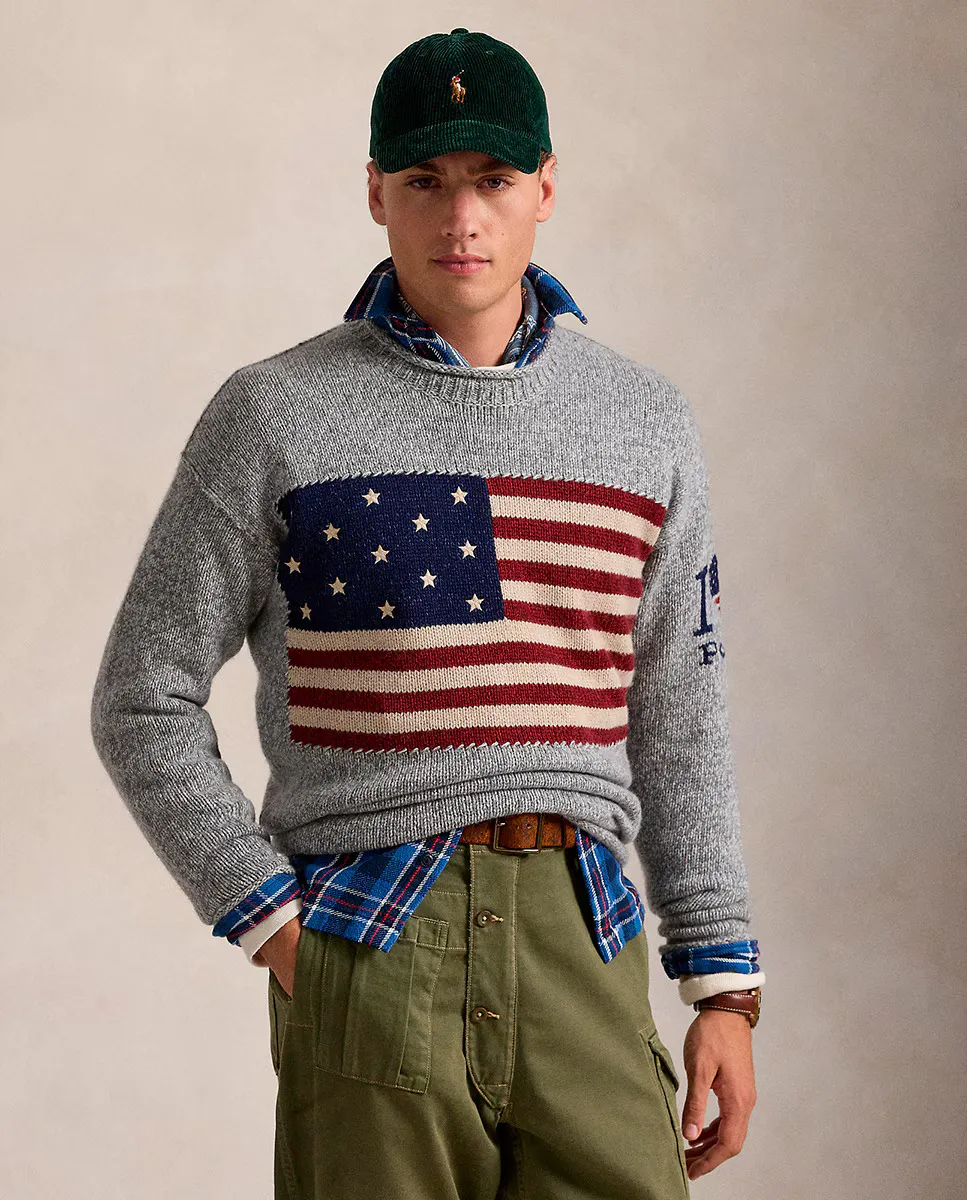 

Мужской шерстяной свитер с принтом флага США Polo Ralph Lauren, серый