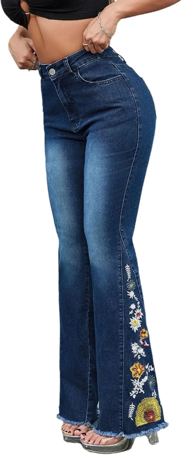 

Джинсы Bell Bottom для женщин Mid Rise с цветочной вышивкой cffvdiz