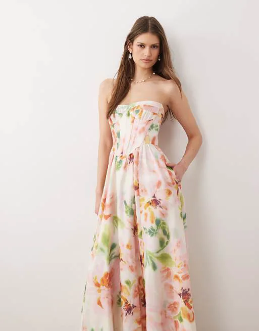 

Розовое платье миди без бретелек с корсетом Bardot Lola