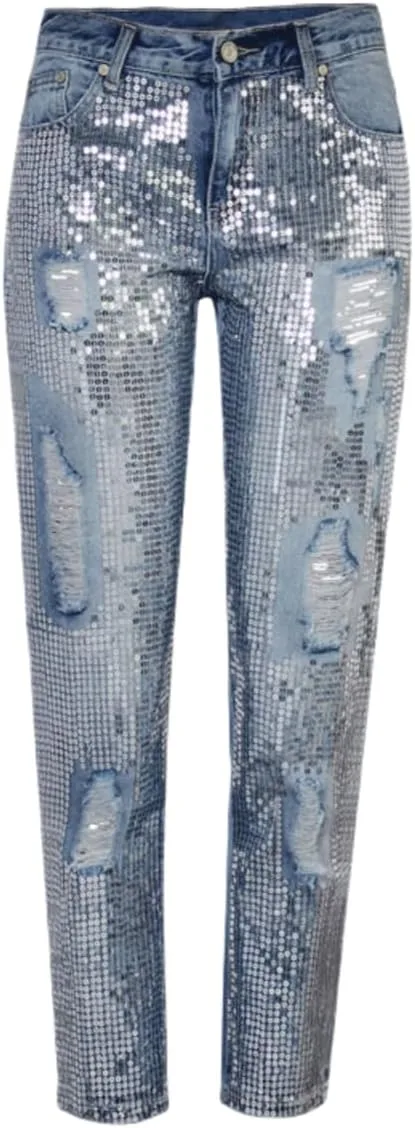 

Женские джинсы с высокой талией, мешковатые, с металлическим блеском, прямые, рваные RSBFK