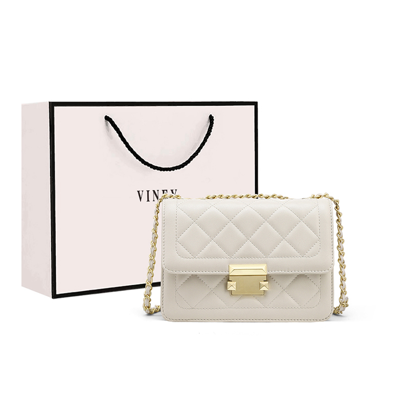 

VINEY Кожаная маленькая квадратная сумка через плечо женская с белым ромбовидным узором, White Diamond Pattern