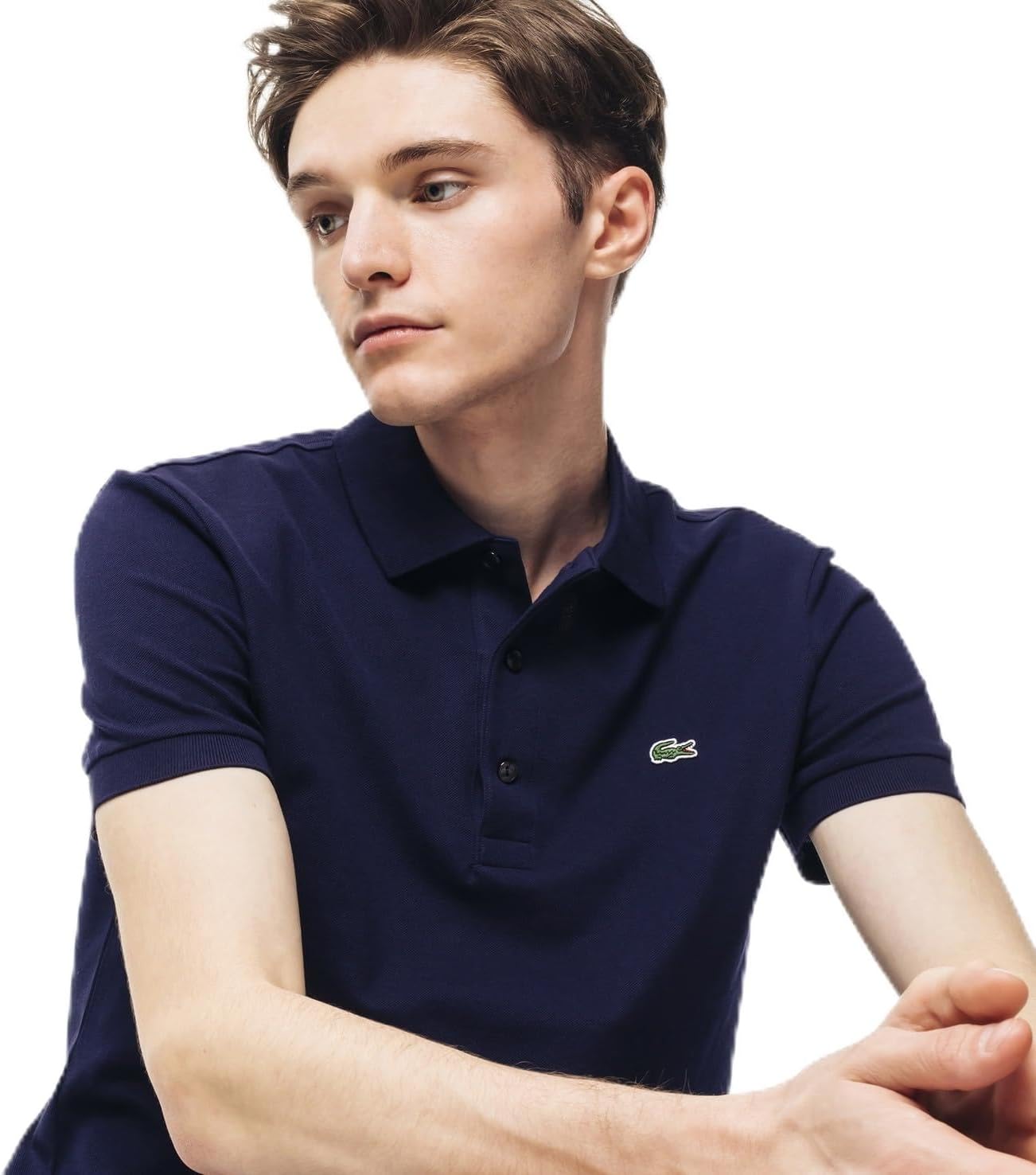 Официальная мужская поло-рубашка LACOSTE приталенного кроя, однотонная (с коротким рукавом), темно-синий