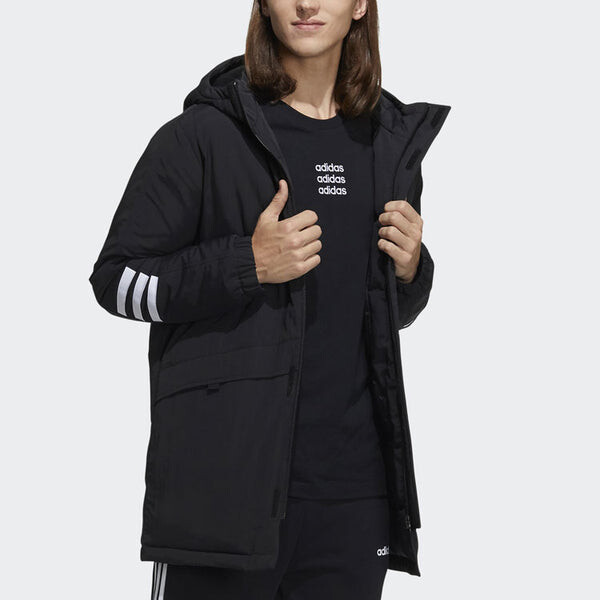 Пуховик adidas mid-length Sports hooded Zipper Down Jacket Black, черный — фото 4
