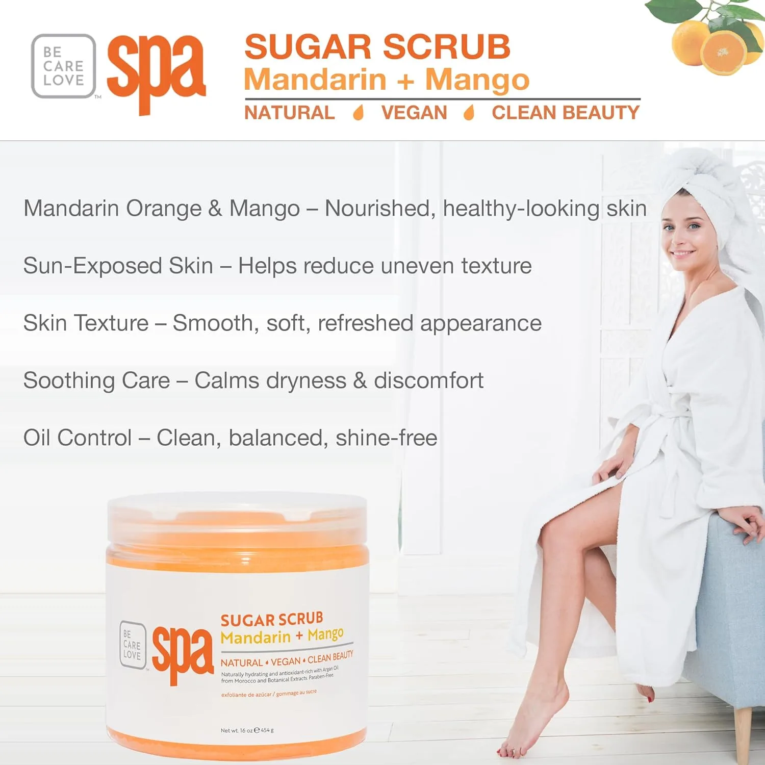 BCL Spa Mandarin Mango Sugar Scrub - Профессиональный отшелушивающий скраб для тела с органическими эфирными маслами, натуральный уход за кожей и телом, произведено в США, 450 мл 453.60 г (1 шт.) — фото 4