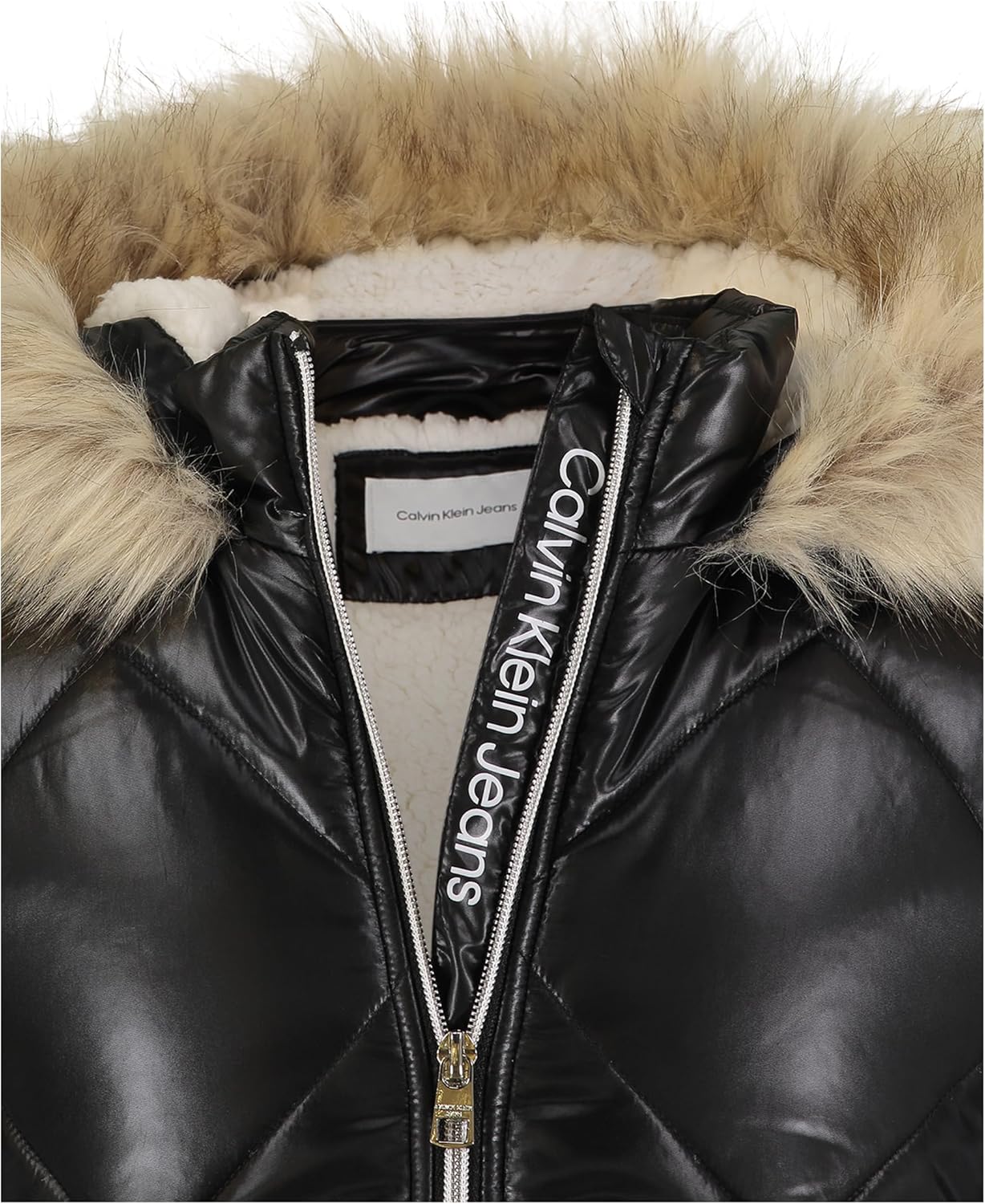 Укороченная зимняя куртка-пуховик Calvin Klein для девочек с капюшоном и флисовой подкладкой, Black — фото 4