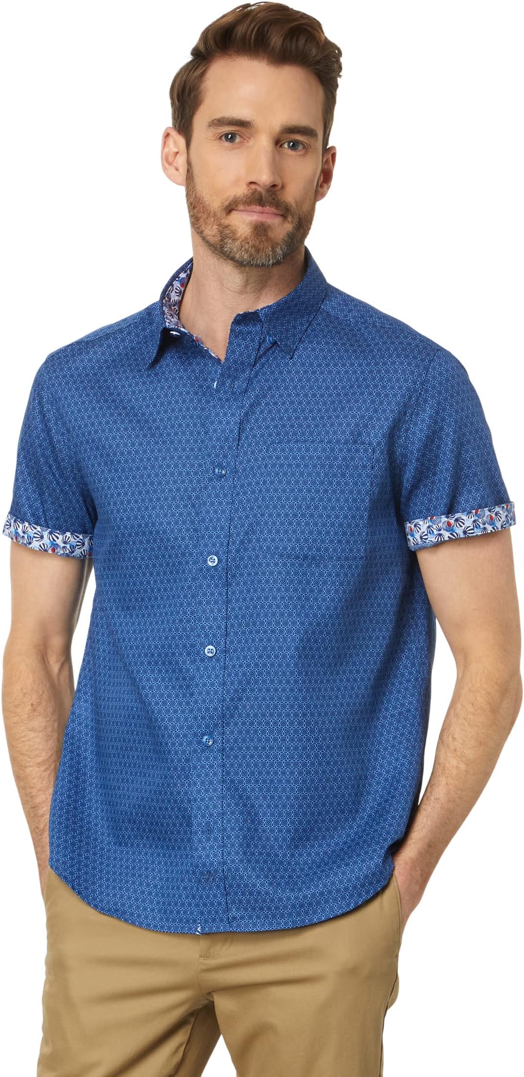 

Рубашка Johnston & Murphy Short Sleeve Linked Flower Textured Printed Shirt, темно-синий