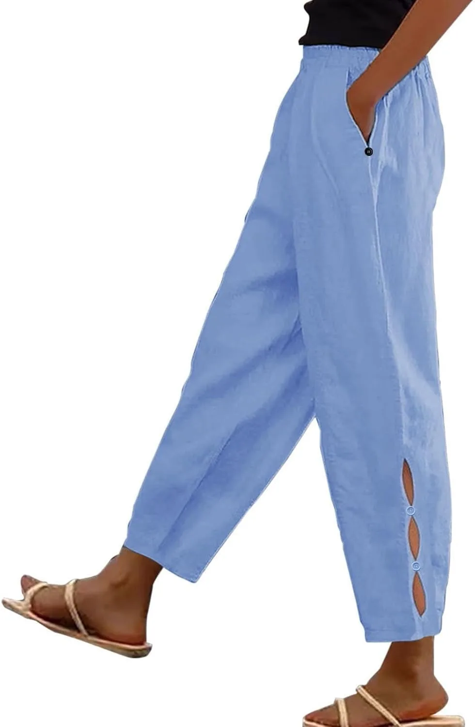 Petite Linen Pants для женщин: брюки для пляжа с эластичным поясом, повседневные, с боковыми вырезами, длина до щиколотки, прямые, с карманами Generic, синий