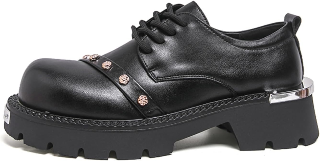 Мужские винтажные кожаные туфли Oxfords на платформе с заклепками, шнуровкой, круглым носком, официального стиля, комфортные, нескользящие, дышащие, для прогулок, офиса, свадеб, свиданий, вечеринок и повседневного ношения Yrzhgdl, черный — фото 4