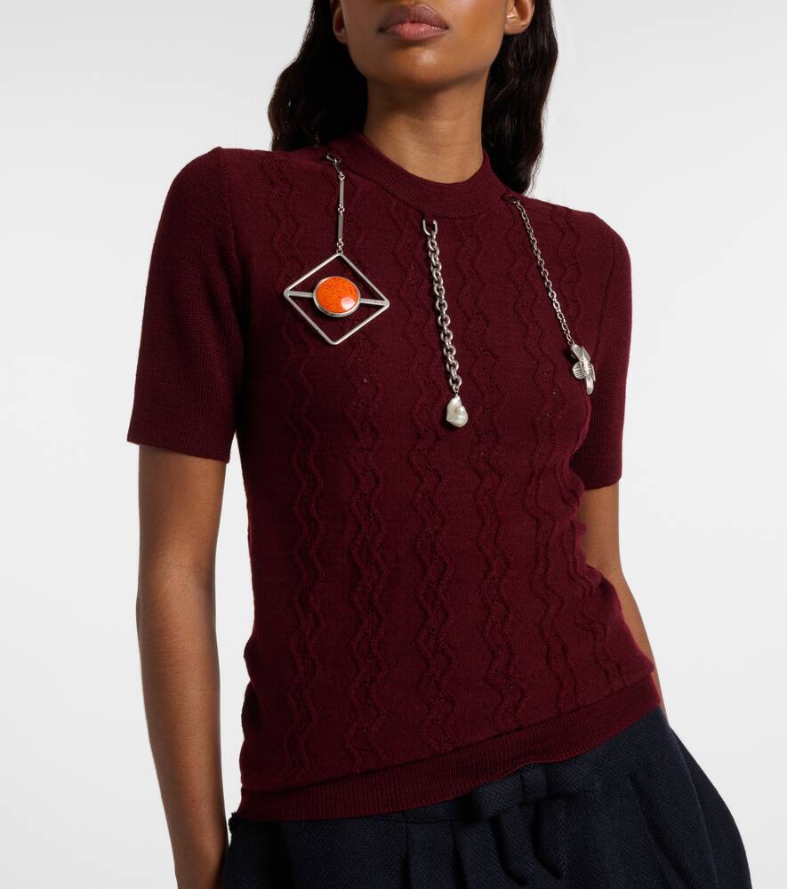 Футболка из мериносовой шерсти с декоративной вязкой Prada, Burgundy — фото 3