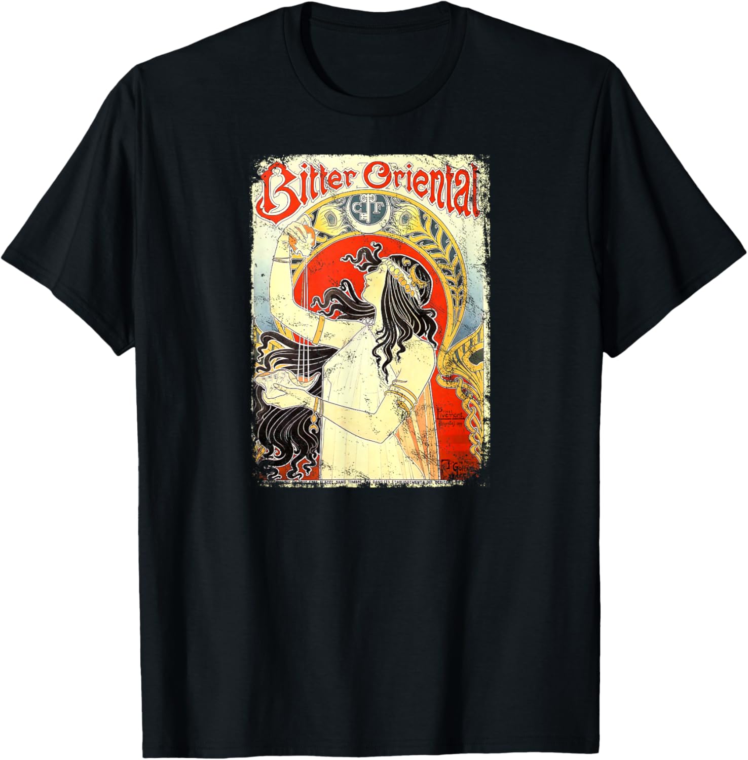 

Винтажная футболка в стиле модерн с изображением Альфонса Мухи и горького восточного орнамента Altrusian Grace Media, черный