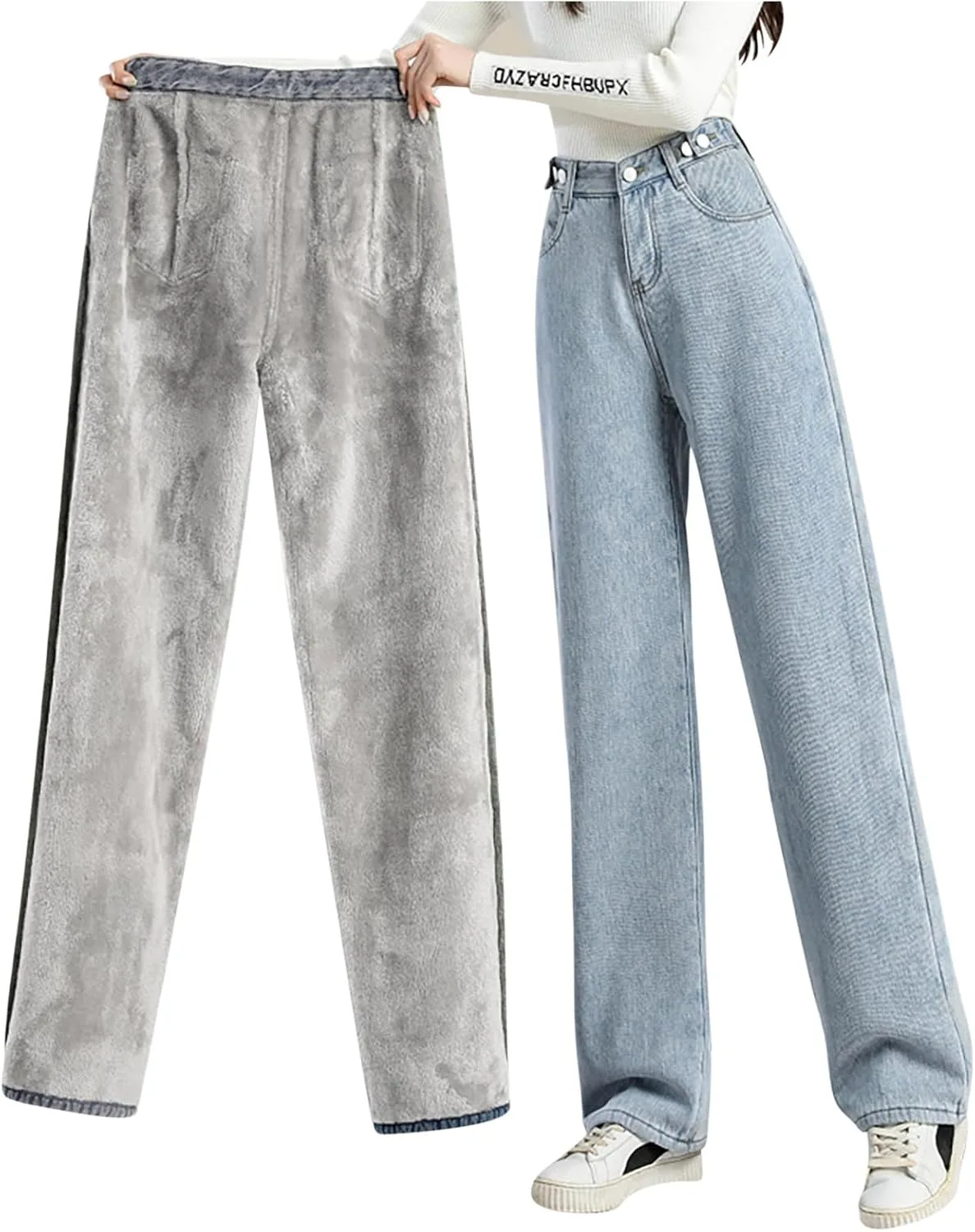 

FZYLQY женские джинсы на флисе с высокой талией и широкими штанинами