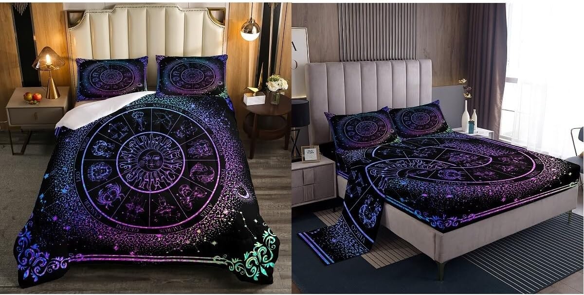 

Erosebridal Комплект постельного белья Sun Moon из 5 предметов для близнецов: зодиакальная астрология 1 комплект одеял и 1 простыня на подкладке, 1 плоская простыня и 2 наволочки