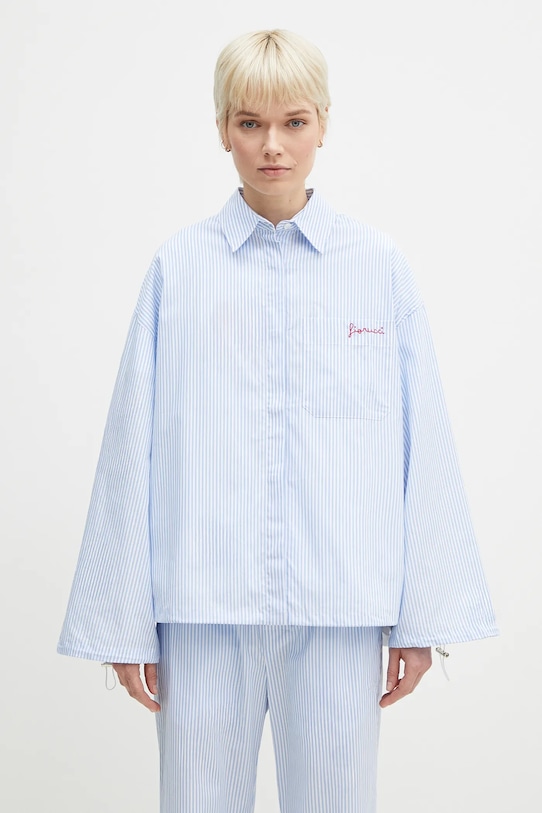 

Хлопковая рубашка в полоску с вышивкой и шнурком Fiorucci, синий