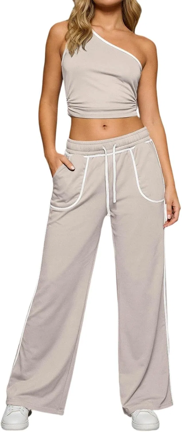 Женский спортивный костюм из топа и широких брюк, Beige