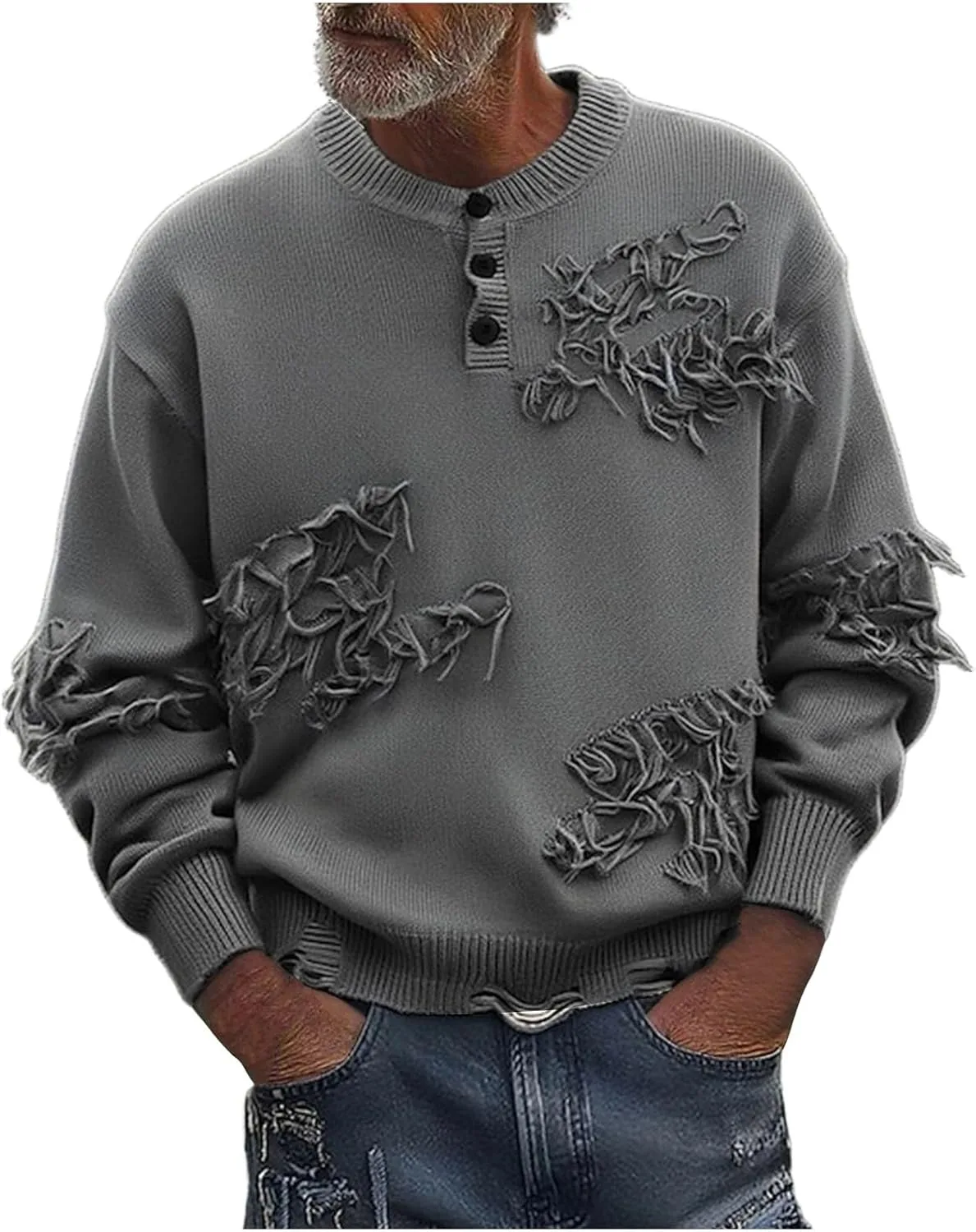 

Мужской свитер с потертостями и длинными рукавами