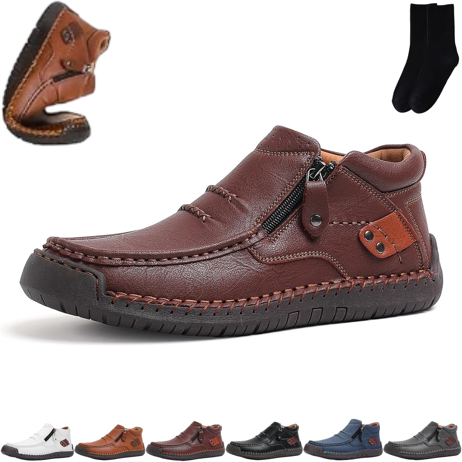 

Мужские ручной работы премиальные кожаные слипоны для вождения с боковой молнией, мужские удобные кожаные ботинки ручной работы, уличная повседневная водонепроницаемая легкая обувь на плоской подошве Xylawave, темно-коричневый