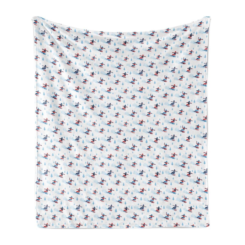 

ABAKUHAUS Ski Pattern Мягкое фланелевое флисовое одеяло, сноубордисты для мужчин и женщин, забавный мультяшный стиль, искусство зимних видов спорта, 175 x 230 см, сине-белый киноварь, синий
