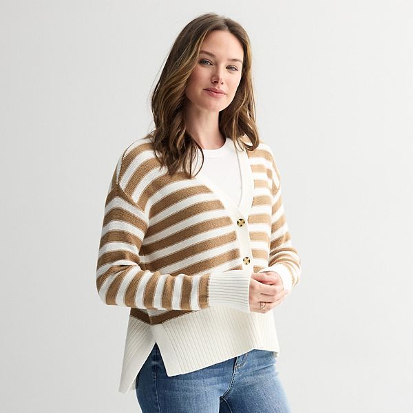 

Женский кардиган с боковым разрезом и застежкой на пуговицах Sonoma Goods For Life, Tan Ivory Stripe